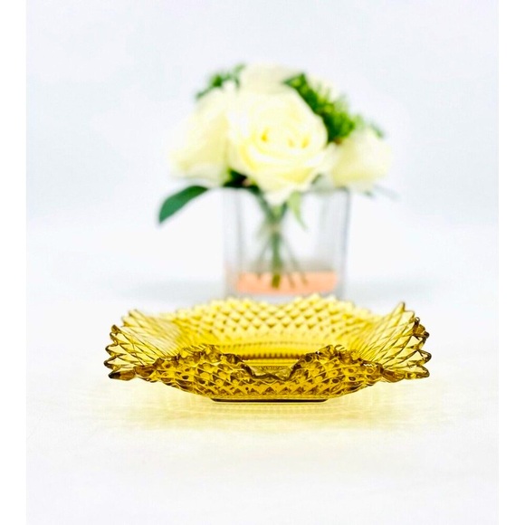 Vintage Amber Cut Glass Candy Dish Trinket Dish Ashtray Square Scalloped Edge - Picture 2 of 9